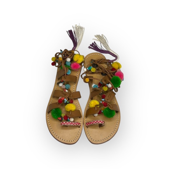 VHTF: new Mystique x Anthro 𖦹 Tokyo Pom Pom Ankle Wrap Toe Loop Leather Sandal - Picture 10 of 17